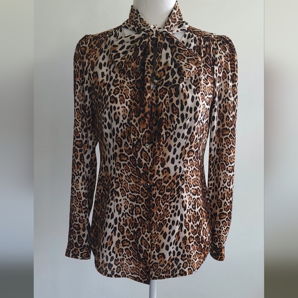White House Black Market Leopard Print Button-Down Tie-Neck Blouse, Women's 0